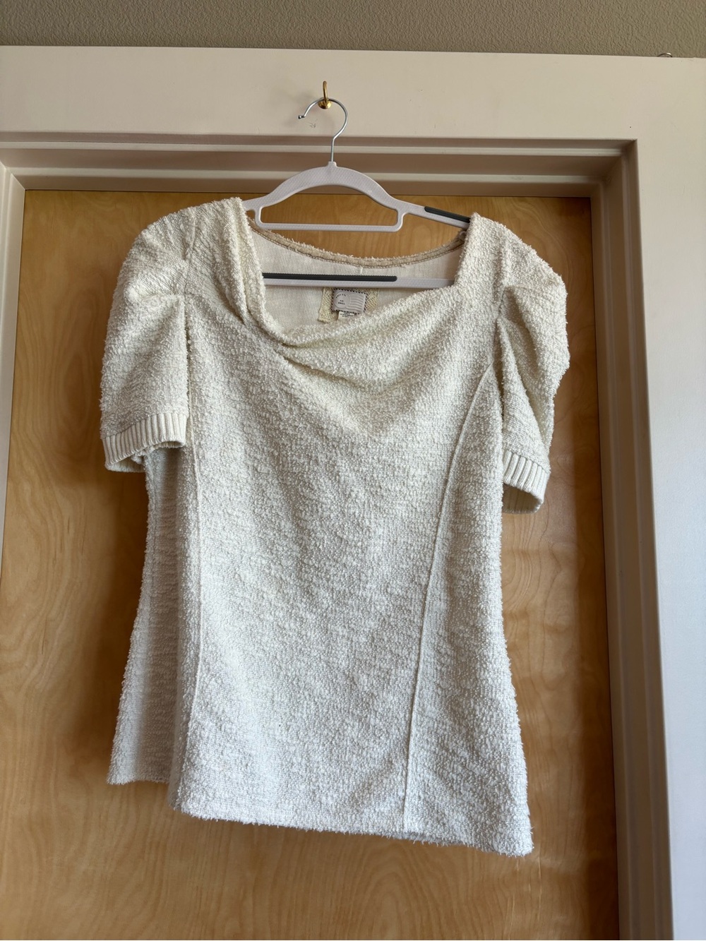 9-H15 STCL Anthropologie Cream Textured Boucle Cowl Neck Short Sleeve Top S